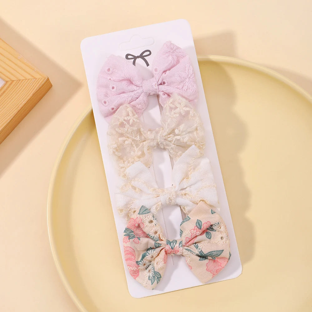4Pcs/Set Lovely Bowknot Clips Hairpins Baby Girl Fresh Pastoral Style Hairclips Hair Accessories Kids Print Hollow Hairgripe
